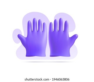 3D violet nitrile medical gloves background of abstract shapes. Vector illustration of personal protective equipment against bacteria, infection for surgery, dentistry, beauty salon.