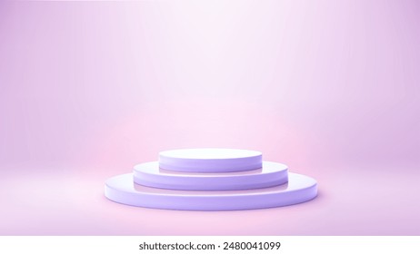 3d violet product podium on purple table background. Studio scene display with platform step pedestal for sale template, presentation, mockup. Abstract realistic vector illustration.