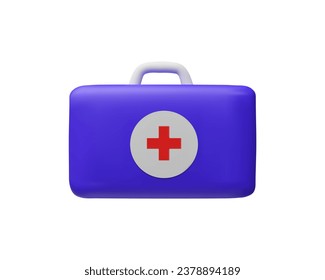 Caso médico por maltrato 3D violeta. Kit de primeros auxilios para ilustración de vectores, caja de emergencia. Bolsa de cuidado médico del hospital de Plasticina. Símbolo de seguridad, ayuda urgente. Objeto de caricatura de la Cruz Roja. Signo de farmacia