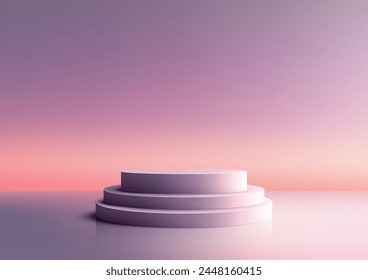 3D violet stack podium on a pink twilight sky background, Minimal style, Product mockup display. Vector illustration