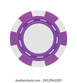 3D violet and white casino chip rendering, front view. Casino, gambling game, betting symbol. Online gambling token for slot, poker, roulette, blackjack three dimensional vector illustration