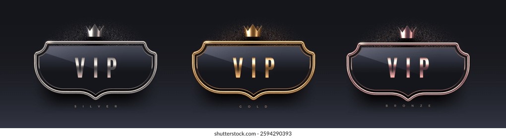 3d VIP sign with metal frame and crown. Gold, silver and bronze metallic luxury sign on black background. Vector set.