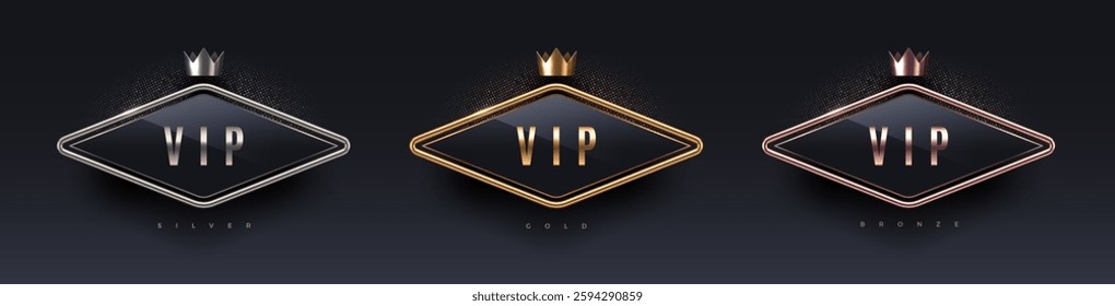 3d VIP sign with metal frame and crown. Gold, silver and bronze metallic luxury sign on black background. Vector set.