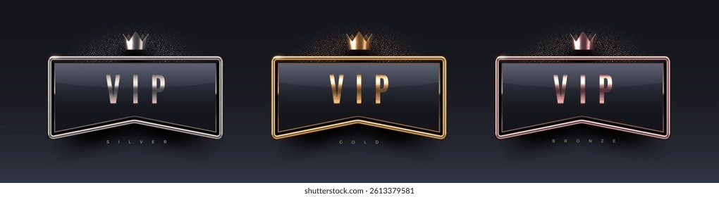 3d VIP sign with metal frame and crown. Gold, silver and bronze metallic luxury sign on black background. Vector set.