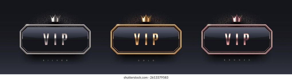 3d VIP sign with metal frame and crown. Gold, silver and bronze metallic luxury sign on black background. Vector set.