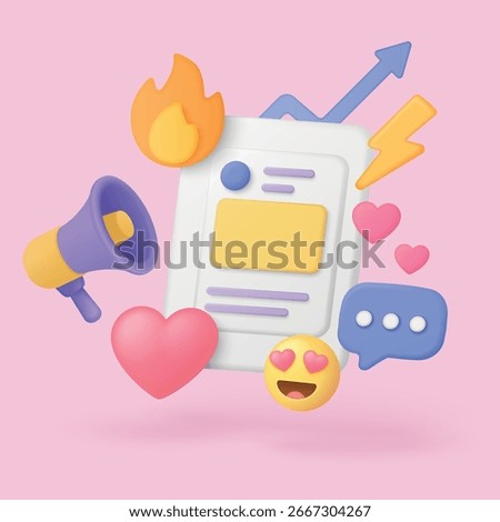3d viral content concept with social media icons, heart, fire, megaphone, chat bubble, and growth arrow on pastel background for digital marketing vector illustration