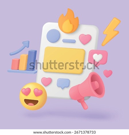 3D viral content concept with social media icons, emoji, growth chart, and engagement symbols, representing online popularity and digital marketing trends vector illustration