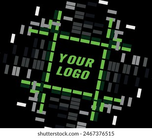 3d virtual element with circles, hexagons, triangles, lines, squares, rectangles. Modern logo in cyberpunk style. Futuristic IT badges for banner. Hi-tech design technology in vector illustration.