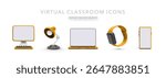 3D Virtual Learning Icons Featuring Desktop, Laptop, Smartwatch, Smartphone, And Desk Lamp. Ideal For Online Courses, Remote Education, And Digital Tools. Modern Vector Illustration.