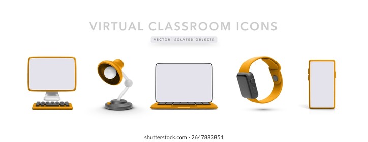 3D Virtual Learning Icons Featuring Desktop, Laptop, Smartwatch, Smartphone, And Desk Lamp. Ideal For Online Courses, Remote Education, And Digital Tools. Modern Vector Illustration.