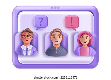 3D virtual meeting, online interview conference, vector video class concept, people avatar, screen. Teamwork webinar, business remote seminar, freelancer profile picture. Cartoon 3D interview office