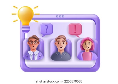 3D virtual meeting, vector interview conference, online video class concept, people avatar, screen. Teamwork webinar, business remote seminar, freelancer profile picture. Cartoon 3D interview office