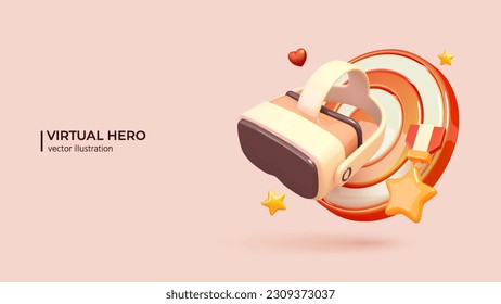 3D Virtual Reality eSport or Cyber sport concept. Realistic 3d design of Game console, Trophy Cup and hit target. 3D Vector illustration in cartoon minimal style.