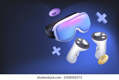 3D Virtual reality headset and controllers for gaming. VR helmet. Metaverse technology concept. Game element, virtual background. Augmented reality, artificail