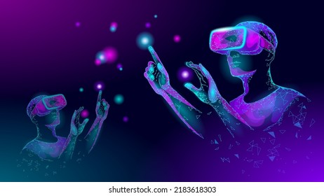 3D virtual reality helmet Metaverse concept. Augmented reality cyberspace internet web game online battle. Digital competition gaming cup. Neon light vector illustration