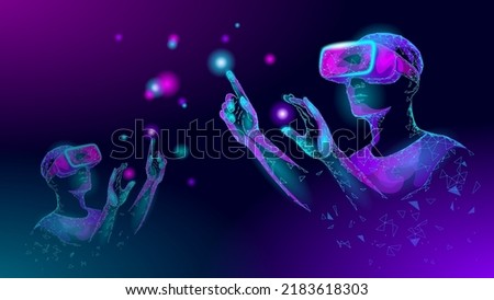 3D virtual reality helmet Metaverse concept. Augmented reality cyberspace internet web game online battle. Digital competition gaming cup. Neon light vector illustration
