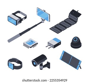 3d virtual reality helmet, selfie stick monopod, charger with solar panel, battery, video surveillance camera, chip, smart watch, plug. Vector set of isometric icons computer devices, digital gadgets
