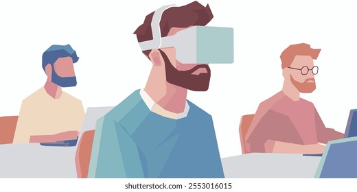 3D virtual reality helmet working business office concept. Augmented reality cyberspace online. Digital competition gaming cup. Light vector illustration