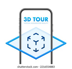 3d Virtual Tour. Virtual Reality Journey. Panoramic View Sign. Vector Stock Illustration.