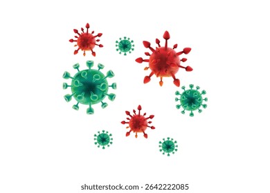 3D virus icons in red and green, ideal for medical, infection, pandemic, and health-related design concepts.