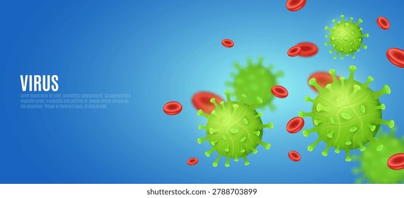3D virus particles floating among red blood cells on blue background. Medical concept featuring infectious microorganisms. Scientific design for healthcare laboratory research presentation. Vector.