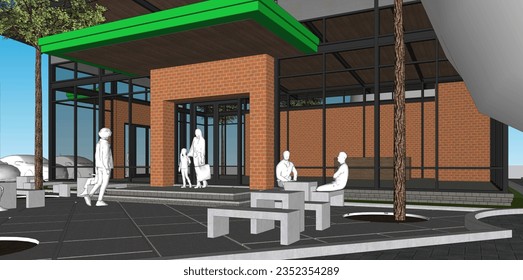 3d visual design of a restaurant or cafe with an industrial concept, namely lots of glass and exposed brick