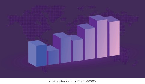 3D visualization adds depth and realism. The gradient purple color gives it a modern look. The world map element complements the concept of global economic and business influence.