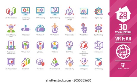 3D visualization color icon set with virtual augmented reality (VR, AR) visual technology glyph symbols: graph data, glasses, headset and helmet, computing industry, sensor, rendering and software.