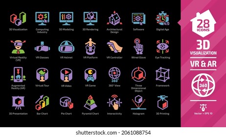 3D visualization color icon set in dark mode with virtual and augmented reality (VR, AR) visual technology and STEM (science, technology, engineering, mathematics) glyph symbols.