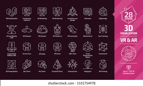 3D visualization outline icon set in dark mode with virtual & augmented reality (VR & AR) visual technology and presentation editable stroke line sign: three dimensional object, framework, graph chart