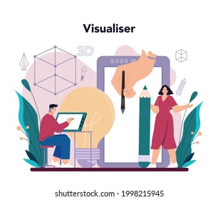 3D visualizer concept. Digital drawing with electronic tools and equipment. 3D printer engineering, modern prototyping and construction. Flat vector illustration