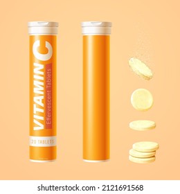 3D Vitamin C Effervescent Tablet Tubes Mockup And Yellow Tablets Isolated On Light Orange Background