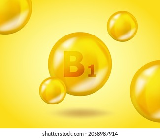 3D Vitamin drop B1 Thiamine pill capsule. Realistic B1 Thiamine Vitamin complex design illustration. Yellow drug nutrition design.