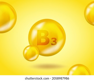 3D Vitamin drop B3 Niacin pill capsule. Realistic B3 Niacin Vitamin complex design illustration. Yellow drug nutrition design.