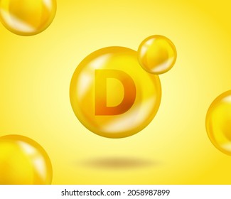 3D Vitamin drop D pill capsule. Realistic D Vitamin complex design illustration. Yellow drug nutrition design.