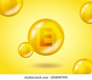 3D Vitamin drop E Tocotrienol pill capsule. Realistic E Tocotrienol Vitamin complex design illustration. Yellow drug nutrition design.