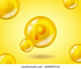 3D Vitamin drop P Flavonoid pill capsule. Realistic P Flavonoid Vitamin complex design illustration. Yellow drug nutrition design.