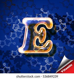 3 quinquies vitamina E Tocopherol, signo de vidrio con transparencia y sombras sobre el fondo químico abstracto