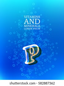 3d vitamin glass sign with transparency and shadows on the abstract bubbles background 