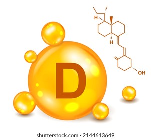 3D Vitamin icon. Vitamin complex with calciferol D. Shiny drop with biological supplement to strengthen immune system and bones. Disease prevention or healthcare. Cartoon realistic vector illustration