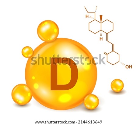 3D Vitamin icon. Vitamin complex with calciferol D. Shiny drop with biological supplement to strengthen immune system and bones. Disease prevention or healthcare. Cartoon realistic vector illustration Foto stock © 