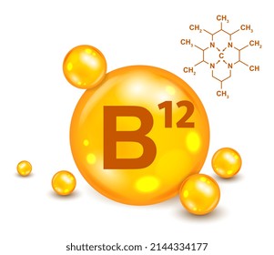 3D Vitamin icon. Vitamin complex with cobalamin B12. Colorful poster with drug in form of orange drop. Treatment of diseases and strengthening of immunity. Cartoon realistic vector illustration