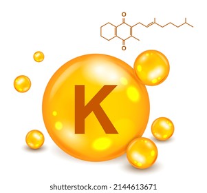 Icono de vitamina 3D. Complejo de vitamina con naftoquinona K. Afiche colorido con fármaco farmacológico o aditivo biológico para la prevención y el tratamiento de enfermedades. Ilustración vectorial realista de dibujos animados