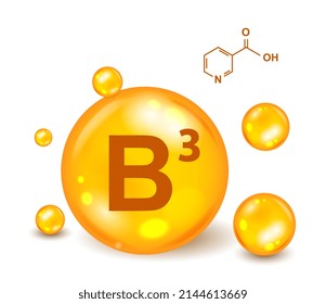 3D Vitamin icon. Vitamin complex with pantothenic acid B3. Orange bubbles with medicine or dietary supplement to strengthen immune system and prevent diseases. Cartoon realistic vector illustration