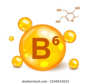 3D Vitamin icon. Vitamin complex with pyridoxine B6. Poster with medical preparation or shiny drop of syrup for treatment of diseases. Prevention and healthcare. Cartoon realistic vector illustration