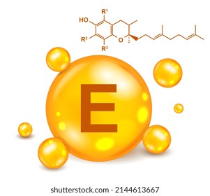 3D Vitamin icon. Vitamin complex with tocopherol E. Shiny capsule with substance for treatment of diseases and strengthening immunity. Medicine and prevention. Cartoon realistic vector illustration