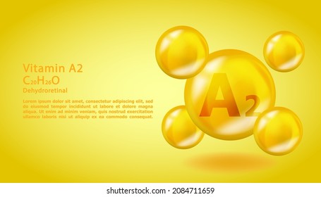 3D Vitamin molecule A2 Dehydroretinol design. Realistic A2 Dehydroretinol Vitamin drop. Yellow nutrition complex illustration.