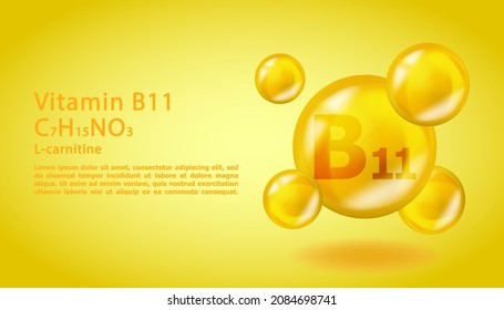 3D Vitamin molecule B11 L-carnitine design. Realistic B11 L-carnitine Vitamin drop. Yellow nutrition complex illustration.