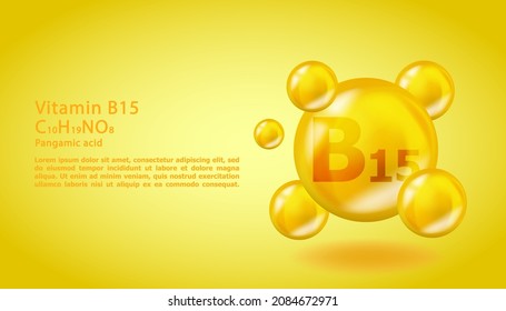 3D Vitamin-B15-Pangaminsäure-Design. Realistischer B15-Pangaminsäure-Vitamin-Tropfen. Illustration zur Gelbernährung.