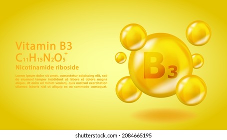 3D Vitamin molecule B3 Niacin design. Realistic B3 Niacin Vitamin drop. Yellow nutrition complex illustration.